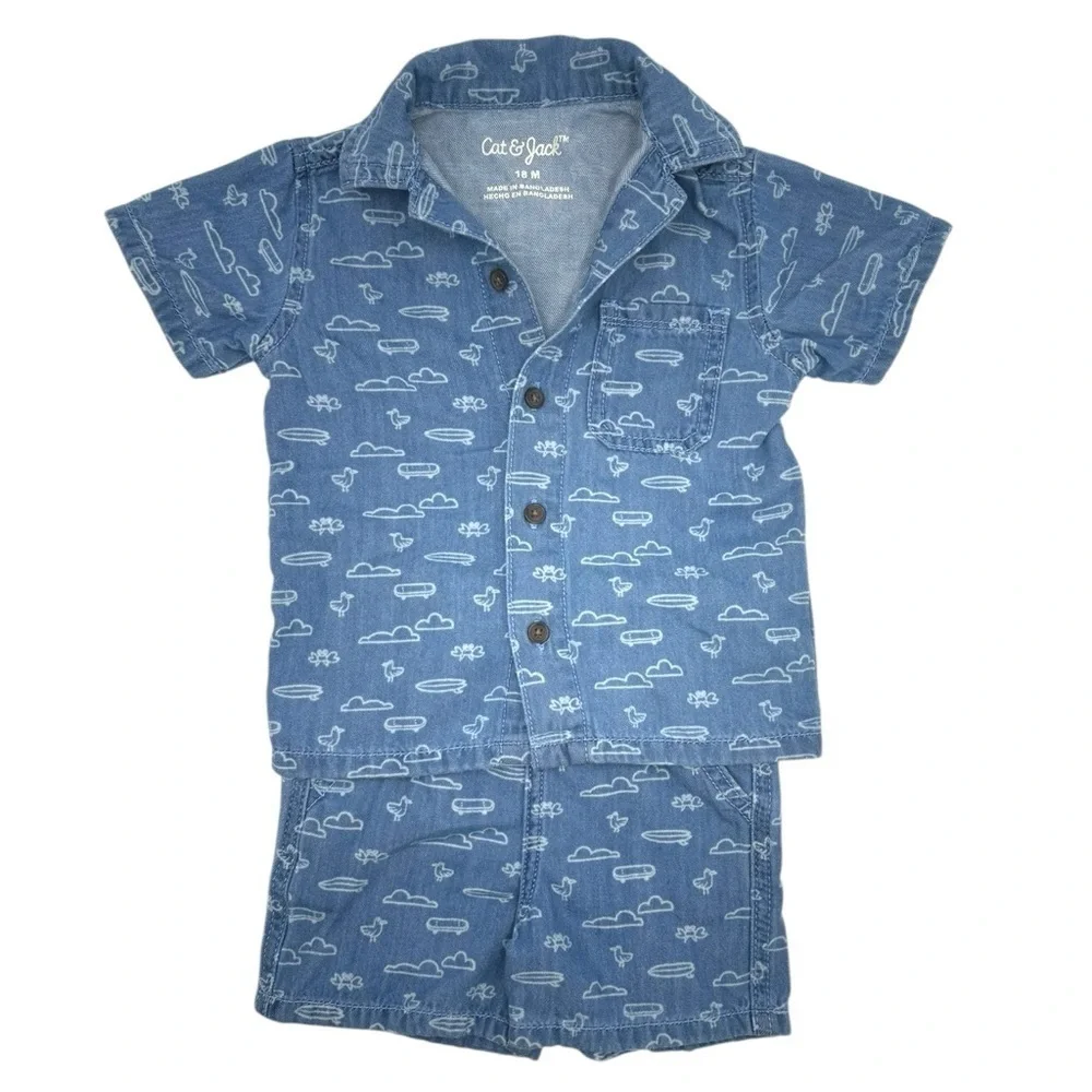 Cat & Jack Short Sleeve Denim Button-Down Shirt Pull On Shorts Set Medium Wash